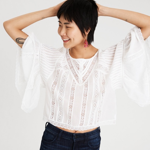 American Eagle Outfitters Tops - White Lace Top with Ruffle Bell Sleeves